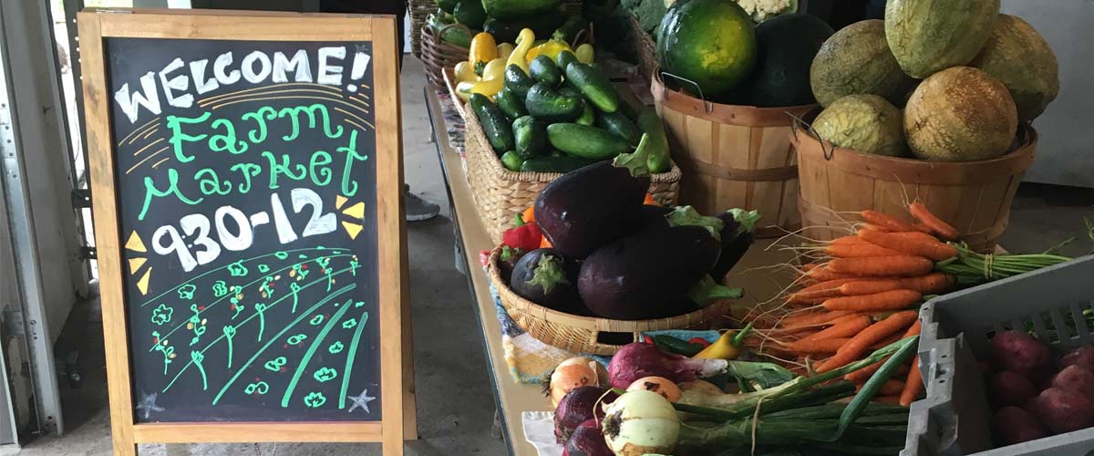 A chalkboard sign saying "welcome to the farm market, 9:30-12" next to a table of produce