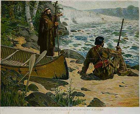 painting of Father Hennepin and a Dakota American Indian looking at the waterfalls