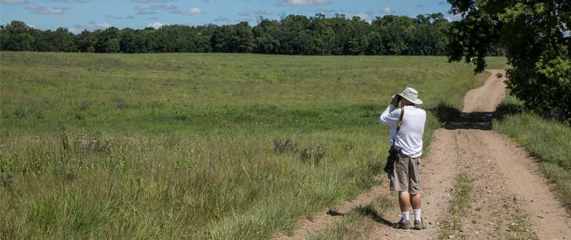 person looking through binoculars on a gravel trail in the prairie