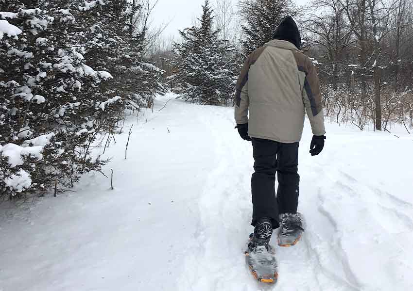 man snowshoeing on a wooded trail