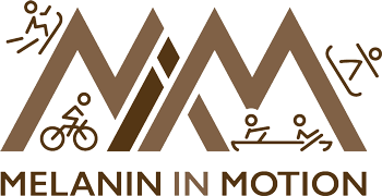 Melanin in Motion logo with Ms that look like mountains with stick figures around them doing various recreational activities. The colors are light and dark brown.