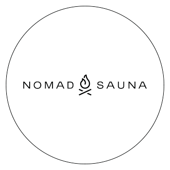 Nomad Sauna logo with an illustration of campfire inside of a circle.