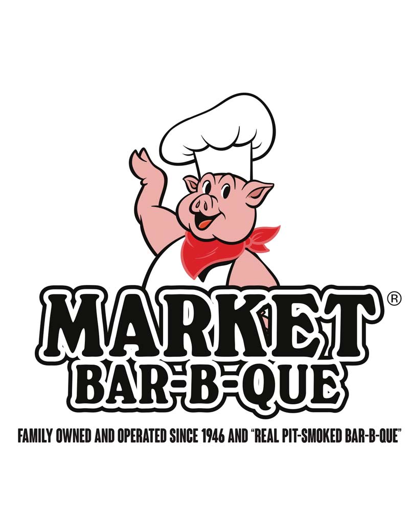 Market Bar-B-Que logo with a pig wearing a chef's hat waving.