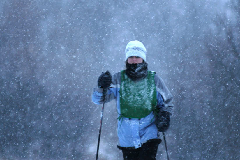 Cross-country skiier in falling snow
