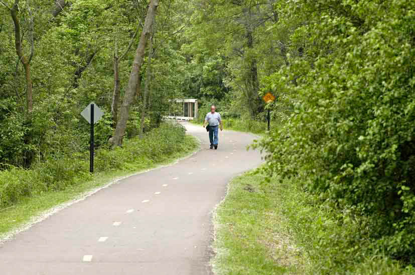 Man hiking on paved trail in the woods