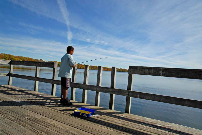 Boy fishing from pier