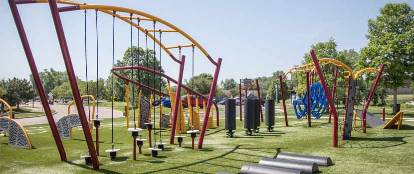 a fitness challenge course in red, yellow and blue.