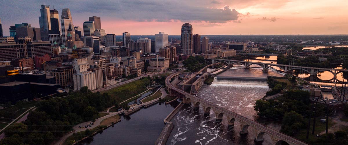 drone photo of Minneapolis skyline