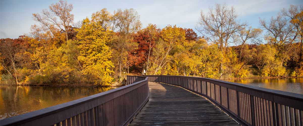 A bridge leads across a lake to a line of yellow and red trees.