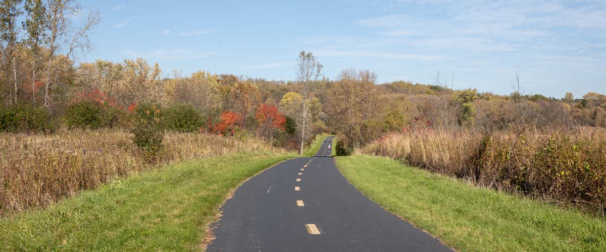 A paved trail edged by grass leads toward a wooded area changing color in the fall.