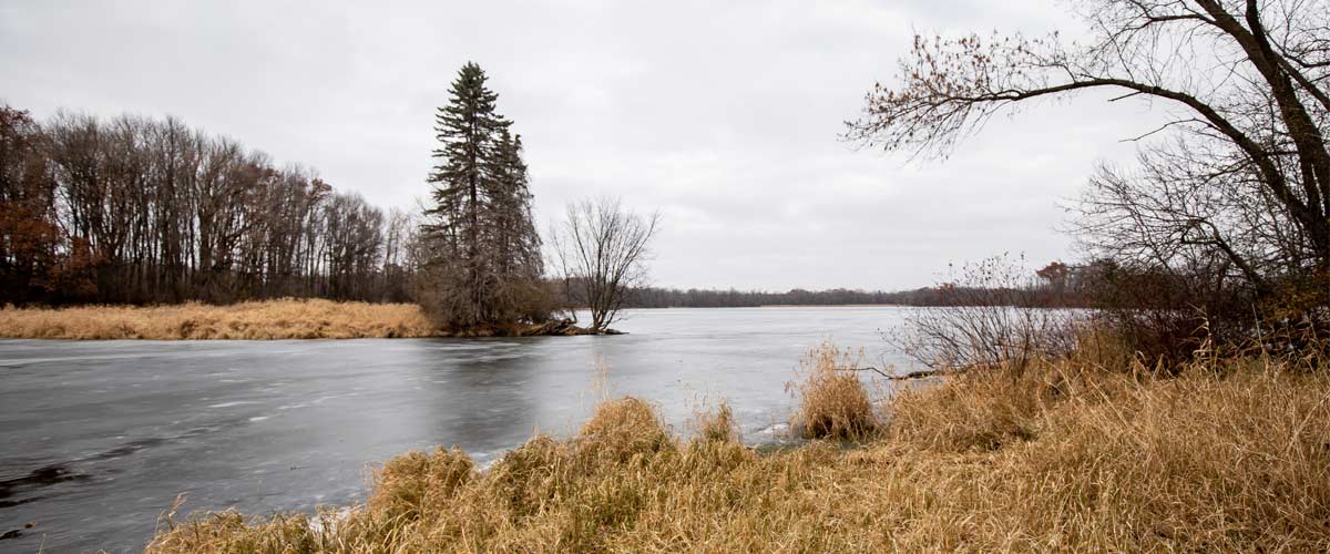A frozen river winds through tan grasses and bare trees on a gray day.