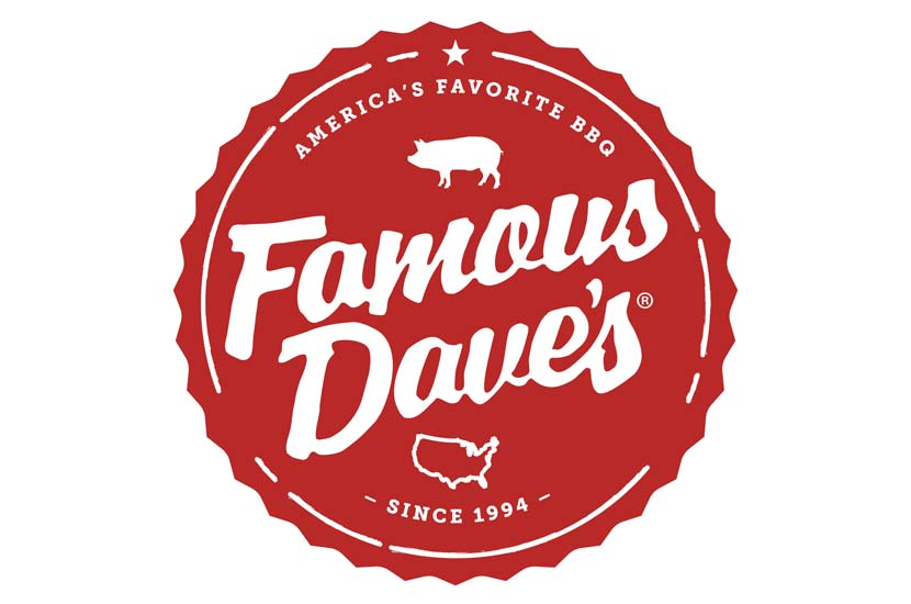 Famous Dave's logo, with "America's Favorite BBQ" and "Since 1994" written in white under "Famous Dave's" with a pig and an outline of the United States of America on a red bottlecap background.