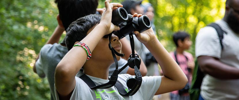 A boy looks up through binoculars.