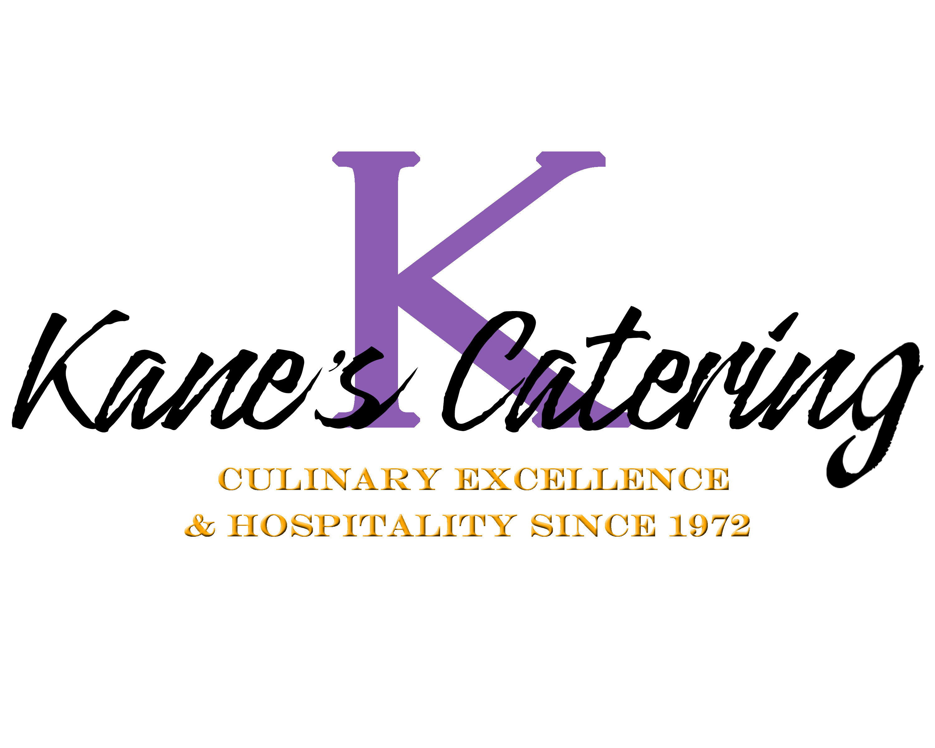 Kane's Catering written in black over purple K. Culinary Excellence & Hospitality since 1972 written in gold underneath