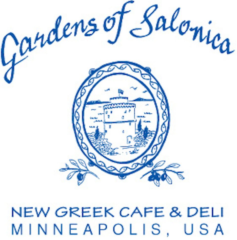 Blue script text Gardens of Salonica circle logo with greek countryside. New Greek Cafe & Deli, Minneapolis, USA. 