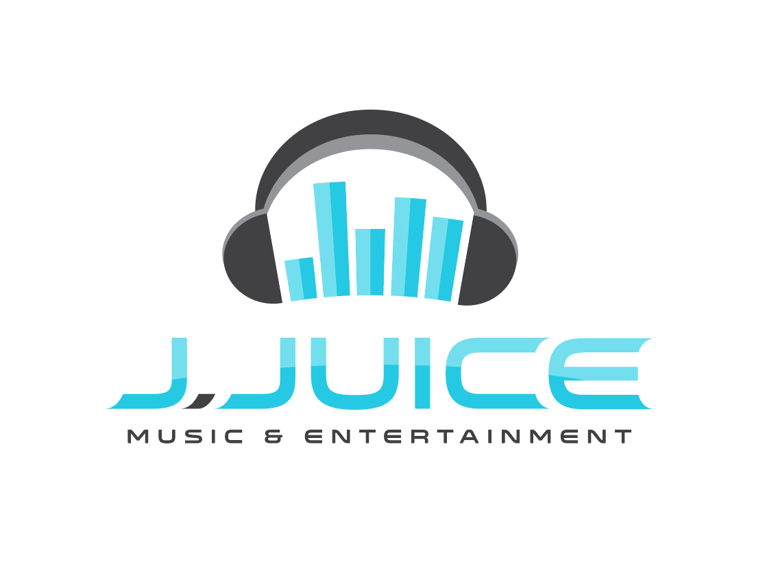 J.Juice Music & Entertainment logo with words underneath headphones that surround bars representing music levels.