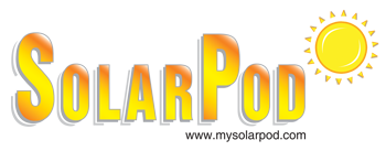 Solar Pod logo with orange yellow text and a sun icon at the top right.  Website (www.mysolarpod.com) in black text written at bottom.