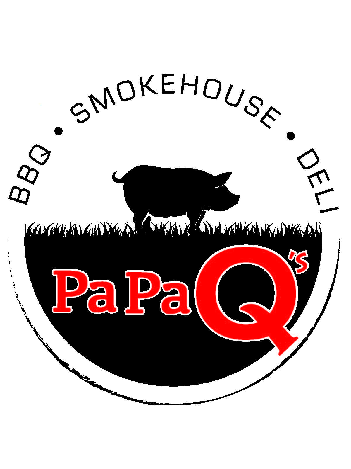 PaPa Q's BBQ, Smokehouse, and Deli in red text next to black pig shape