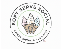 Soft Serve Social: Sweet Swirl & toppings. Pictured three ice cream cones. 