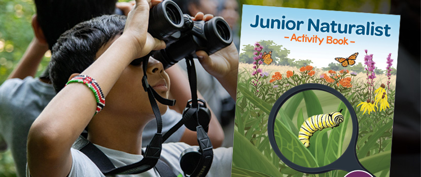A boy with a bracelet on his arm peers through binoculars in a group of children.  The cover of the Junior Naturalist Activity Book overlays the image.