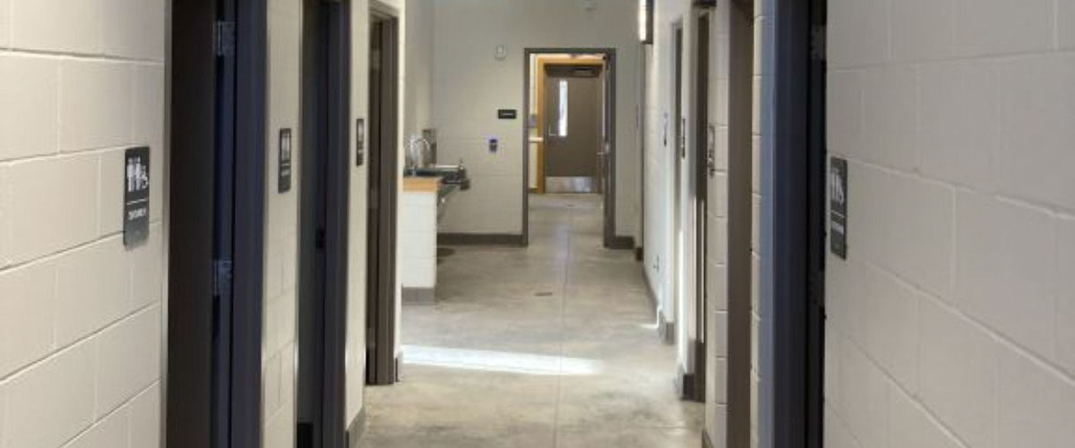 Interior view of the Baker Outdoor Learning Center shower and infirmary building