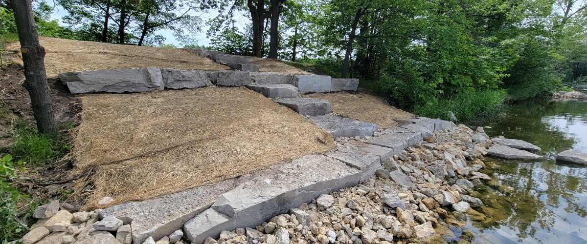 stones that were installed to create a terrace on the island to reduce erosion