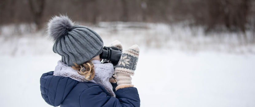 A person wearing a grey hat, fair isle mittens and purple scarf peers through binoculars at a snowy landscape.