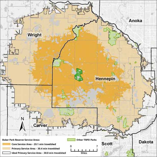 This map shows the different service areas of Baker Park Reserve throughout Hennepin, Wright, Carver, Anoka, Scott and Dakota counties as identified from 2018 visitor survey area. Baker Park Reserve is in green in the center of the map; a dark orange color surrounds it to show the core service area (20.1 min travelshed); a lighter orange area beyond that shows the primary service area (30.4 min travelshed). A black outline shows the ideal primary service area (30.0 min travelshed).