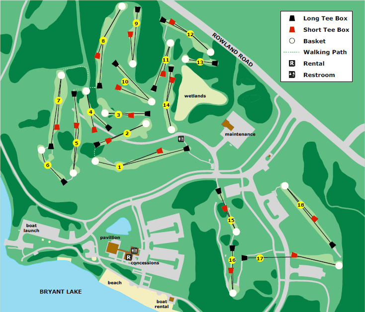 Graphic shows the Bryant Lake disc golf course, notating each hole and the long and short tee boxes.