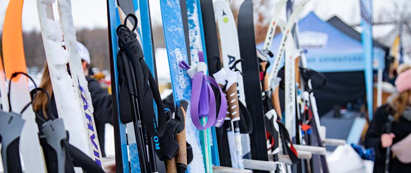 A line of cross-country skis lean against a railing.
