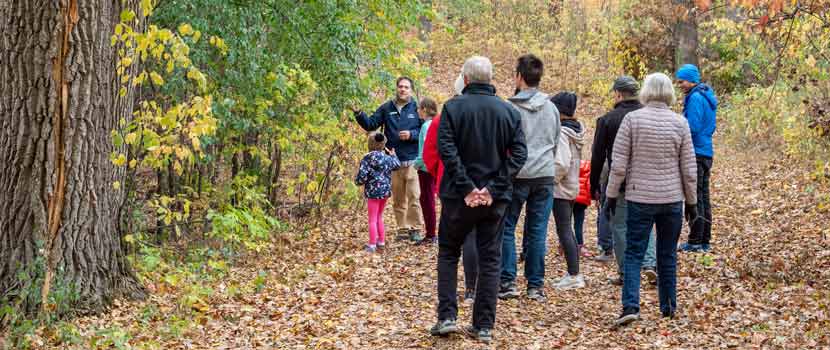 Photo of a group of people walking on a trail covered with fallen leaves, listening to a Three Rivers staff member leading a program.