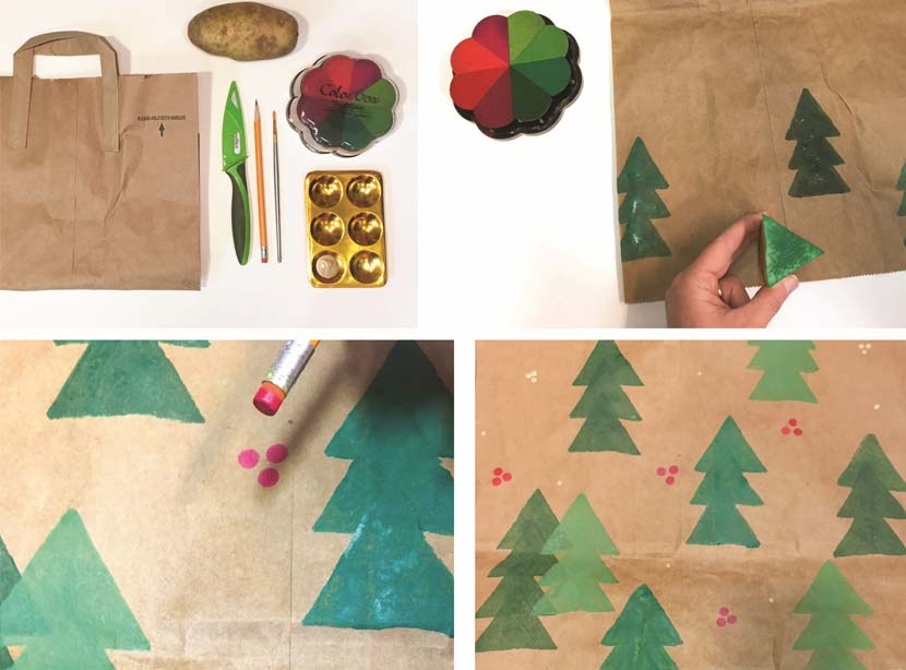 Photo collage of brown paper bag, paint materials, and a hand stamping Christmas trees onto paper bag