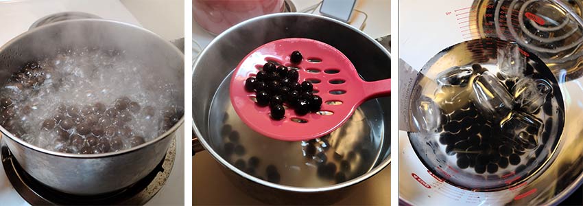 three images in a row: boiling black tapioca pearls in a steel pot; straining pearls with a slotted spoon; cooling pearls in a cup of ice