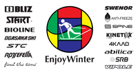 Enjoy Winter logo with icon of a cross-country skier in the middle of a circle with primary colors. On either side of that logo, logos are listed for the following companies: Bliz, Start, Bioline, Ogasakaski, STC, Rotefella, Find the Time, Swenor, Anti-freeze, Spine, Kenetixx, 4KAAD, abilica, SRB, Vipole.