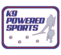 K9 Powered Sports logo with an outline of a cross-country skier and a dog, and paw prints across the bottom.