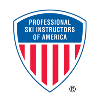 Professional Ski Instructors of America logo with blue background above red-and-white stripes.