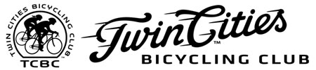 Twin Cities Bicycling Club logo with text in script and a graphic of two cyclists above "TCBC"