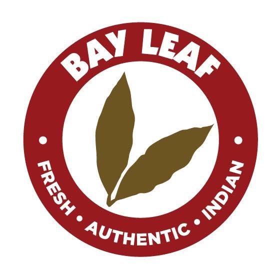 Logo with red circle around an image of bay leaves. Text reads Bay Leaf • Fresh • Authentic • Indian