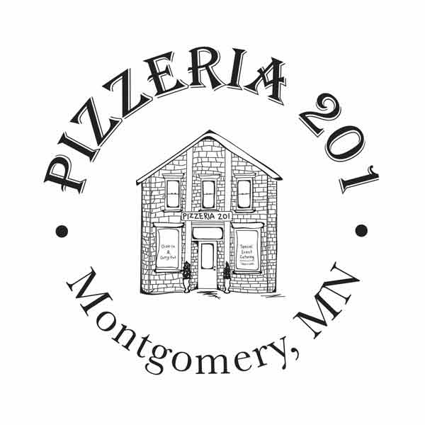 Pizzeria 201 logo that has "Pizzeria 201" and "Montgomery, MN" forming a circle around a brick building labeled Pizzeria 201.