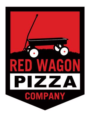 Red Wagon Pizza Company logo with a graphic of a black wagon in front of a red background.