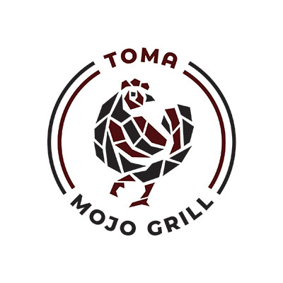 Toma Mojo Grill logo, including an image of a geometrical chicken.
