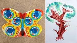 Photos of two natural process paintings; one a butterfly and one a tree.