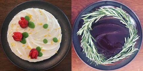 Side-by-side photos of the tops of two beautifully decorated cakes. On the left is a cake with strawberry roses, white icing and lemon rind on top. On the right, a chocolate cake with a wreath-like garnish.