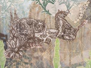 The image is a detail of a large hanging tapestry. It is made using a variety of printmaking techniques and materials. Two dogs with human hands are looking at books or printing objects using their hands. Hand stitching and other printed components embellish the work. Green, brown and cream are the main colors. There is a lot of translucency from a net-like fabric. 